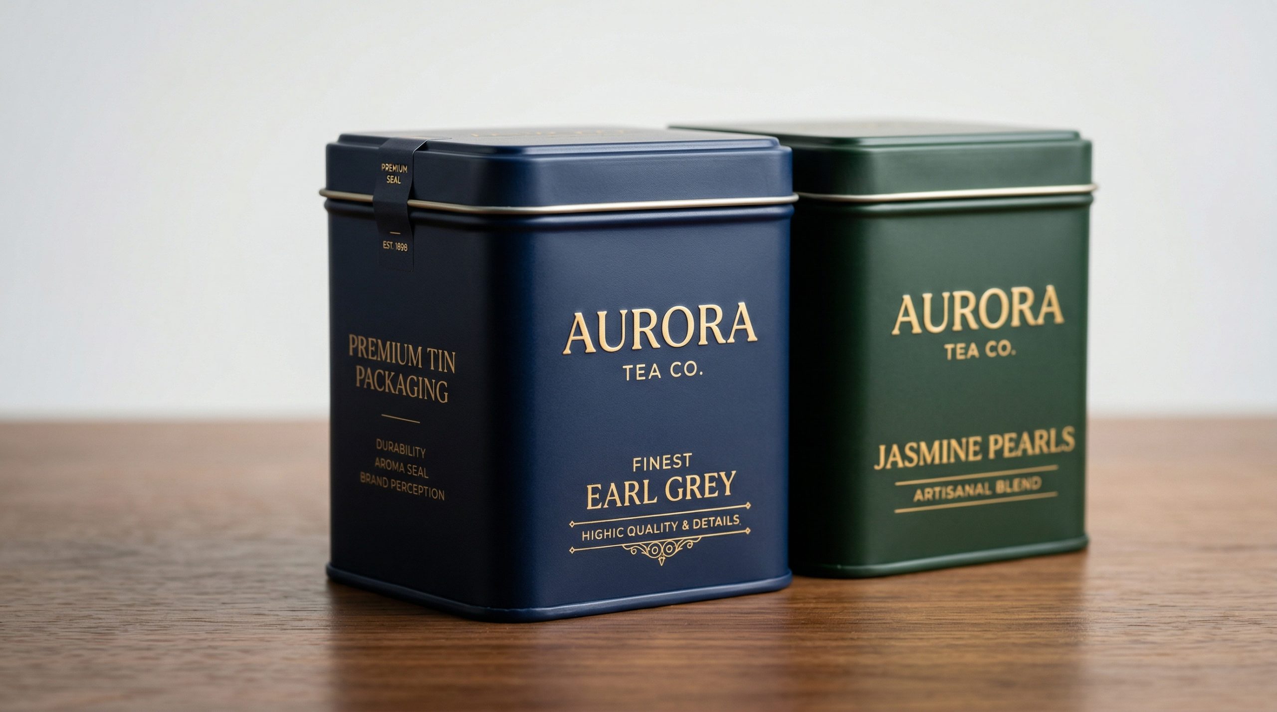 Elegant premium tin tea packaging displayed on a shelf, highlighting brand appeal and quality. - 1