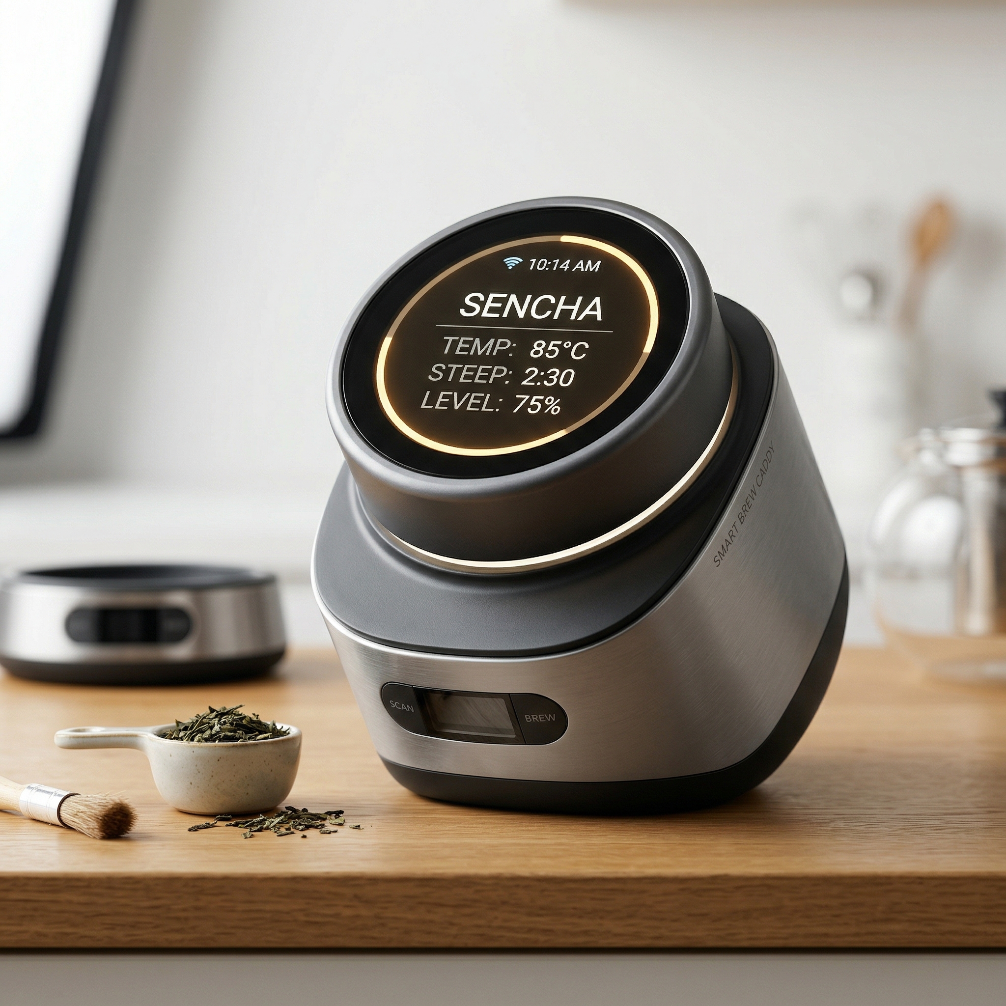 A collection of modern, sleek tea tin caddies with different innovative features, showcasing airtight seals and stylish designs on a clean kitchen counter. - 1