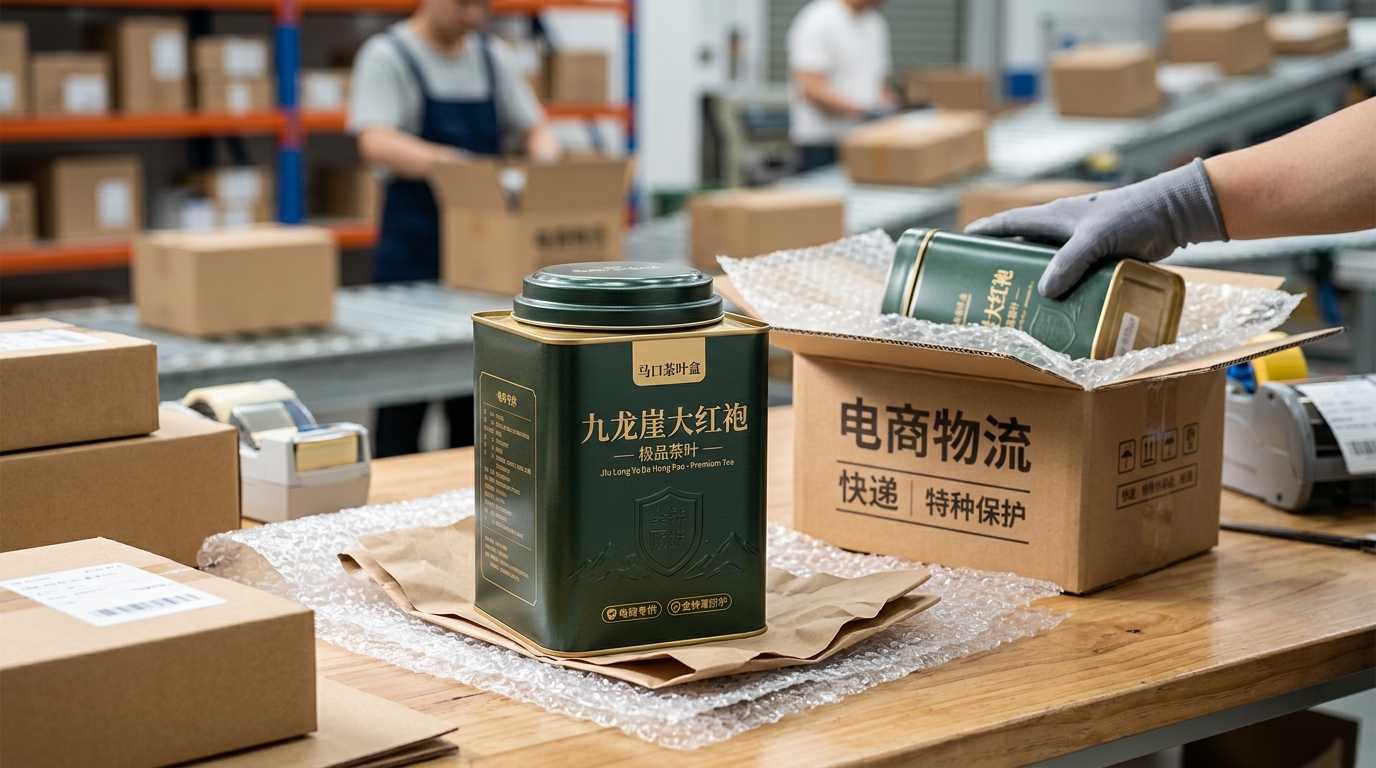一摞印有精美茶叶包装设计的马口铁茶叶盒，展示其在物流仓储中的堆叠和坚固性，背景是模糊的物流仓库环境。 - 1